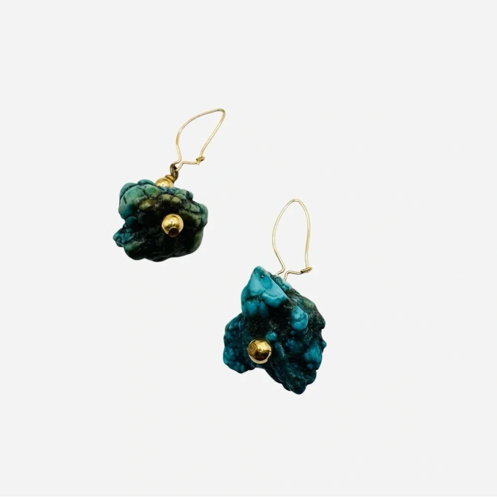 Raw Turquoise Nugget Drop Earrings Boho Gold Tone